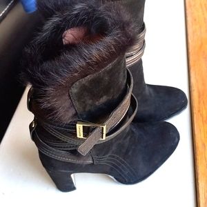 Louis et Cie black rabbit fur trimmed boots.
